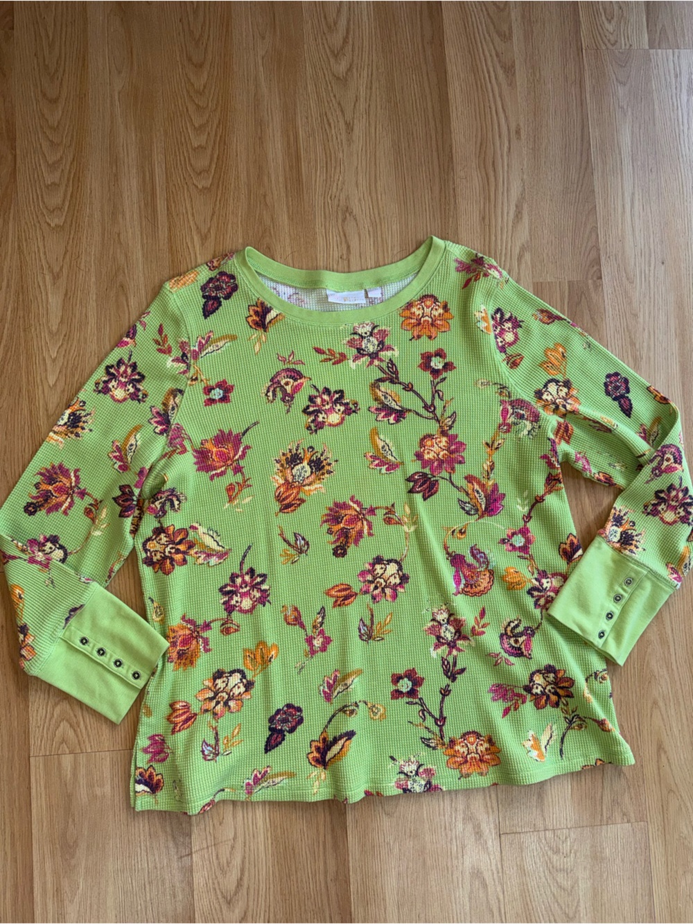 Belle Kim Gravel size 2X Green Floral Long Sleeve Waffle Knit Top shirt - Picture 6 of 12
